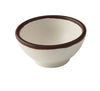 Yanco Sauce Dish NA-5003 Made from high-quality melamine, this server is both durable and lightweight. Its round shape and break-resistant nature make it suitable for frequent use in commercial dining environments. This server is designed to be dishwasher safe, ensuring convenient and efficient cleaning, essential for high-turnover settings. The ivory color with a speckled finish and brown rim adds a sophisticated touch to the presentation of sauces and condiments. 