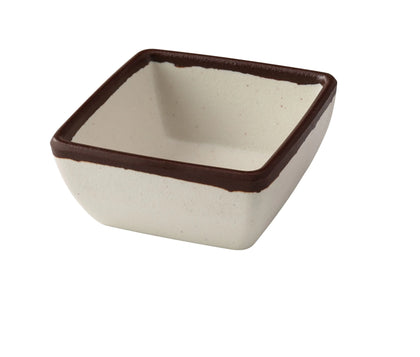 Yanco Square Sauce Dish NA-5004 Made from high-quality melamine, this server is durable and lightweight. Its square shape and break-resistant nature make it ideal for frequent use in commercial dining settings. This server is designed to be dishwasher safe, ensuring easy and efficient cleaning, which is essential for high-turnover environments. The ivory color with a speckled finish and brown rim adds a touch of elegance to the presentation of sauces and condiments. 