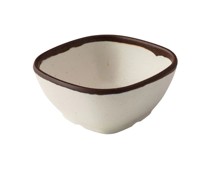 Yanco Square Miso Soup Bowl NA-505 Made from high-quality melamine, this server is durable and lightweight. Its square shape and break-resistant nature make it ideal for frequent use in commercial dining settings. This server is designed to be dishwasher safe, ensuring easy and efficient cleaning, which is essential for high-turnover environments. The ivory color with a speckled finish and brown rim adds a touch of elegance to the presentation of sauces and condiments. 