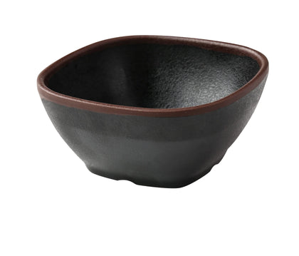 Yanco Square Miso Soup Bowl NA-505BK Made from high-quality melamine, this server is durable and lightweight. Its square shape and break-resistant nature make it ideal for frequent use in commercial dining settings. This server is designed to be dishwasher safe, ensuring easy and efficient cleaning, which is essential for high-turnover environments. The black color with a speckled finish and brown rim adds a touch of elegance to the presentation of sauces and condiments. 