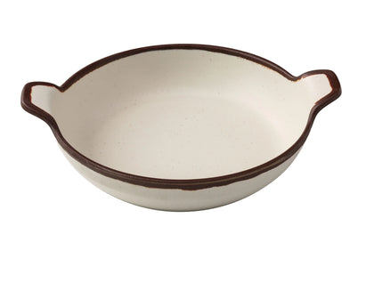 Yanco Bowl With Handle NA-509 Crafted from melamine, this bowl offers a 24-ounce capacity, making it suitable for a variety of dishes. It is both break-resistant and dishwasher safe, catering to the needs of high-use environments while ensuring easy maintenance. With its round shape and elegant ivory color accented by a brown rim, this bowl adds a touch of style to any dining setup. 