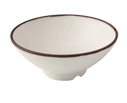 Yanco Ramen Bowl NA-607 Crafted from melamine, this bowl offers a 26-ounce capacity, making it suitable for a variety of dishes. It is both break-resistant and dishwasher safe, catering to the needs of high-use environments while ensuring easy maintenance. With its round shape and elegant ivory color accented by a brown rim, this bowl adds a touch of style to any dining setup. 