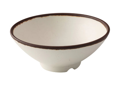 Yanco Ramen Bowl NA-608 Constructed from high-quality melamine, it offers exceptional durability and resistance to breaking, making it well-suited for use in restaurants, hotels, and cafes where longevity is essential. The bowl's round shape, combined with its elegant ivory speckled finish and brown rim, enhances the visual appeal of any meal served. This design not only looks sophisticated but also complements various table settings and decor styles. 