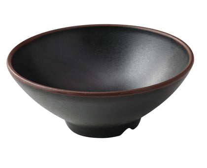 Yanco Ramen Bowl NA-609BK This bowl is crafted from durable melamine, known for its break-resistant properties, making it ideal for high-traffic settings such as restaurants and hotels. Designed with an elegant black speckled finish and a distinctive brown rim, the bowl adds a touch of sophistication to any table setting. Its design is not only aesthetically pleasing but also complements a range of dining decors. 