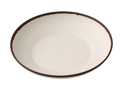 Yanco Salad/Pasta Bowl NA-709 Constructed from melamine, this bowl combines durability with a practical design for frequent use. Its elegant ivory speckled finish with a brown rim enhances the visual appeal, adding sophistication to any dining setup. The melamine material is not only break-resistant but also dishwasher safe, making cleanup effortless and suitable for high-volume dining establishments. 