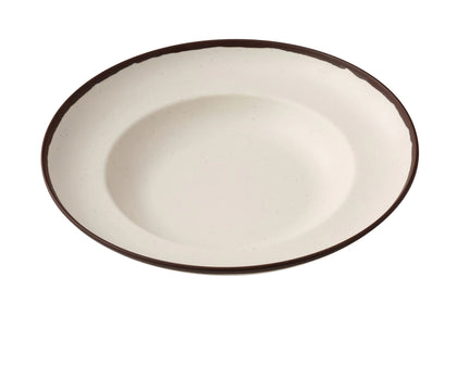 Yanco Mediterrean Pasta Bowl NA-810 Crafted from melamine, this bowl is designed to be both durable and stylish, fitting seamlessly into various dining environments. Its white color with an ivory speckled finish and brown rim adds a refined touch to any table setting. With a 12-ounce capacity, this bowl is perfect for serving pasta, salads, or other side dishes. The melamine material ensures that the bowl is break-resistant and can withstand daily use in hotels, restaurants, and cafes. 
