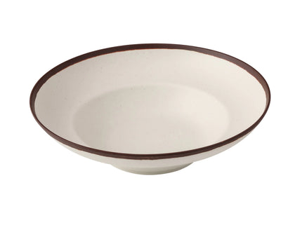Yanco Deep Mediterranean Bowl NA-811 Constructed from high-quality melamine, this bowl is built to handle the demands of frequent use while maintaining its aesthetic appeal. Its white color, coupled with an ivory speckled finish and brown rim, provides a sophisticated look that enhances any dining experience. With a capacity of 20 ounces, this bowl is perfect for serving generous portions of pasta, salads, or other dishes. 