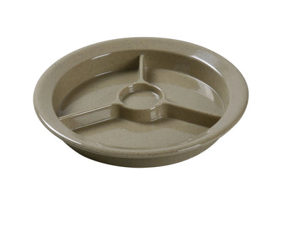 Yanco 3-Compartment Plate w/ Cup Holder NC-511S The plate is made from extra heavy-duty melamine, ensuring that it is built to last. It comes in a beautiful sand color that complements any tableware. One of the most unique features of this compartment plate is the cup holder, which makes it convenient for people to hold their drinks while enjoying their meals.