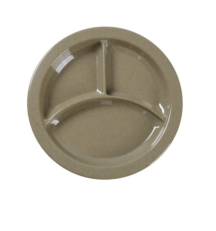 Yanco 3-Compartment Plate w/ Deep Beveled Foot NC-512S This plate boasts a classic design with a modern twist, featuring three compartments to keep your food separate and organized. Crafted with extra heavy-duty melamine material, this plate is built to last and withstand the rigors of a busy kitchen. Its deep beveled foot ensures stability and prevents the plate from slipping, making it a reliable and safe option for your customers.