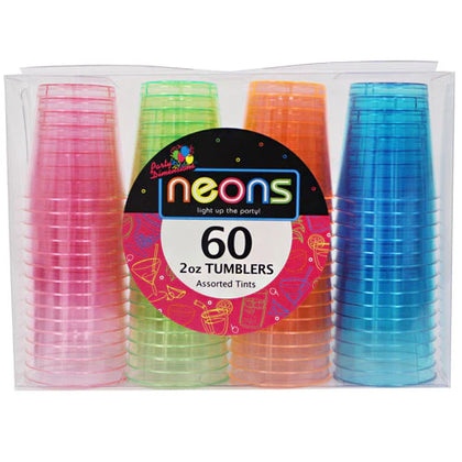 Neon Mix 2oz Tumbler, Boxed, in a variety of vibrant neon colors, perfect for serving small drinks, shots, or desserts at parties, catering, or themed events. Durable, colorful, and convenient.