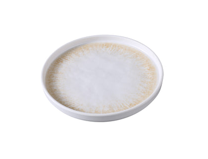 Yanco Round Plate With Upright Rim OP-106 is crafted from durable melamine and showcases a warm white and brown color palette with a golden design and textured finish. Measuring 6 1/2