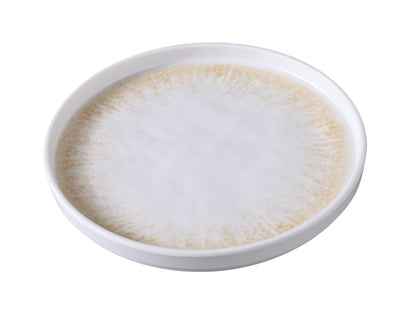 Yanco Round Plate With Upright Rim OP-108 is crafted from durable melamine and showcases a warm white and brown color palette with a golden design and textured finish. Measuring 8 1/8