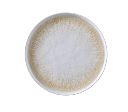 Yanco Round Plate With Upright Rim OP-110 is crafted from durable melamine and showcases a warm white and brown color palette with a golden design and textured finish. Measuring 10