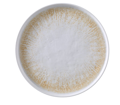 Yanco Round Plate With Upright Rim OP-112 is a stunning dinner plate crafted from durable melamine. Featuring a white and brown color palette accented with a golden design and textured finish, this 12