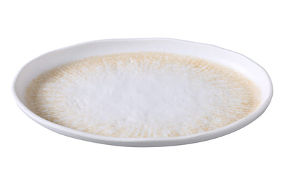 Yanco Platter OP-214 is a generous serving piece that combines durability with elegant presentation. Crafted from melamine, it features a white and brown color palette enhanced by a golden design and textured surface. With a size of 14 3/8