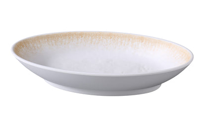 Yanco Deep Oval Bowl OP-812 is an elegant choice for serving appetizers, side dishes, or small entrees. Made from durable melamine, this 30 oz bowl features a golden-accented, textured finish that adds visual appeal to any tabletop. Its sleek oval shape and shallow depth make it perfect for refined food presentations in restaurants, buffets, or catered settings.