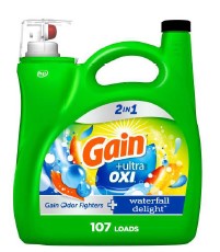 Gain + Ultra Oxi Liquid Laundry Detergent, Waterfall Delight Scent, 4.55L (154 fl oz), Case of 4 – powerful stain removal and lasting fresh scent.