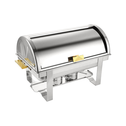 Oasis full size 8QT chafer with mirror finish, durable frame, and full setup; ideal for buffets, catering, banquets, and commercial food service with reliable heat retention and style.