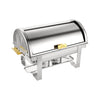 Oasis full size 8QT chafer with mirror finish, durable frame, and full setup; ideal for buffets, catering, banquets, and commercial food service with reliable heat retention and style.