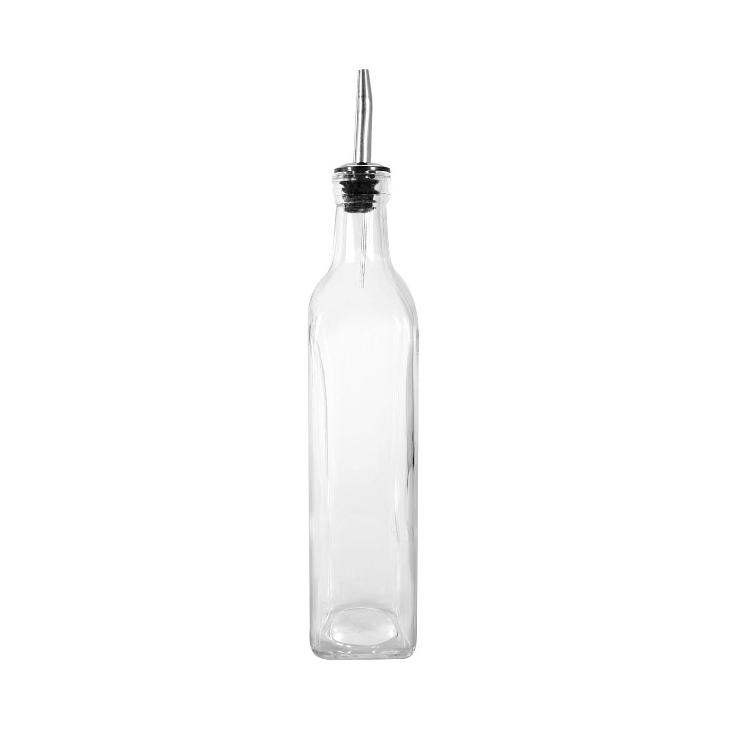 16oz oil and vinegar cruet made of clear glass with a stainless steel pourer; ideal for restaurant or home use; provides clean dispensing and stylish tabletop presentation; packed 12 each per case
