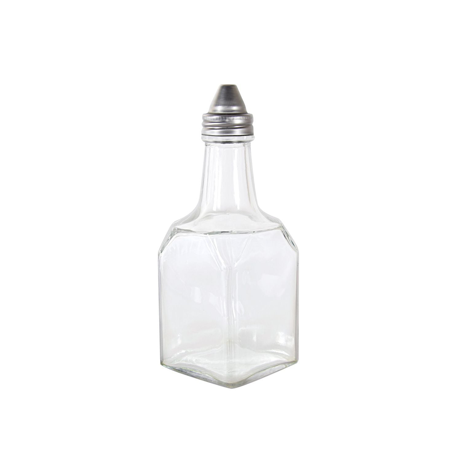 6oz glass oil/vinegar cruet with stainless steel pourer; durable, clear glass, drip-free spout, easy to clean and refill; packed 6 dozen per pack; ideal for restaurants, kitchens, and tabletop use.