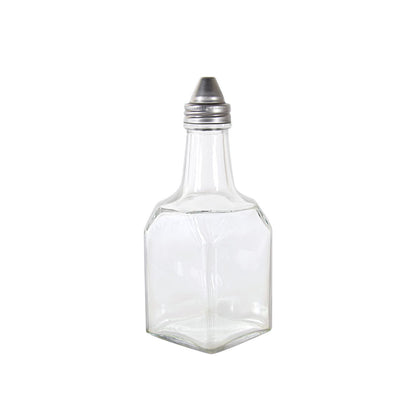 6oz glass oil/vinegar cruet with stainless steel pourer; durable, clear glass, drip-free spout, easy to clean and refill; packed 6 dozen per pack; ideal for restaurants, kitchens, and tabletop use.