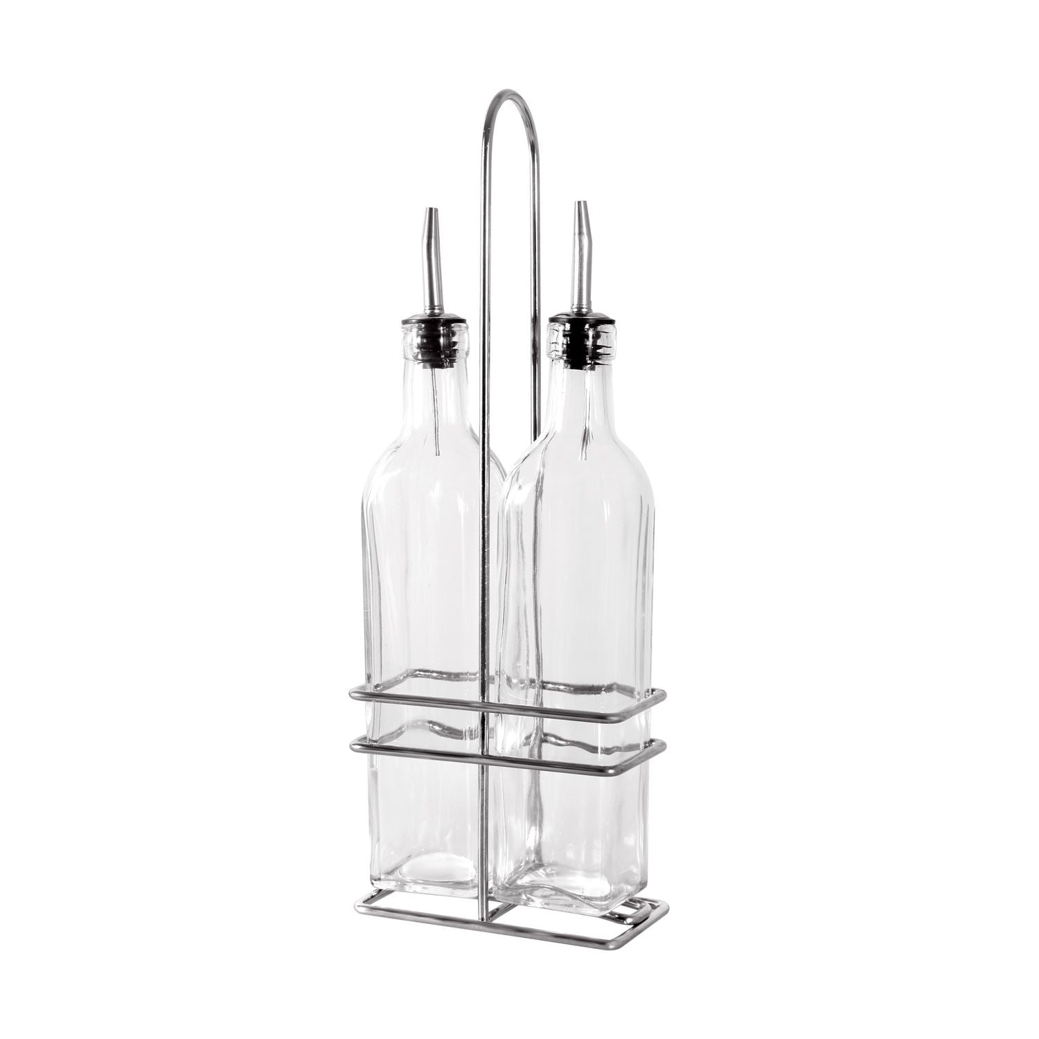 3-piece 16oz oil and vinegar cruet set with glass bottles, stainless steel pourers, and chrome rack; perfect for organized tabletop use in restaurants or kitchens; packed 12 sets per case