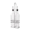 3-piece 16oz oil and vinegar cruet set with glass bottles, stainless steel pourers, and chrome rack; perfect for organized tabletop use in restaurants or kitchens; packed 12 sets per case