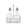 3-piece oil and vinegar cruet set includes two 6oz glass bottles with stainless steel pourers and a chrome rack; perfect for tabletop service; packed 12 sets per case for restaurants or homes