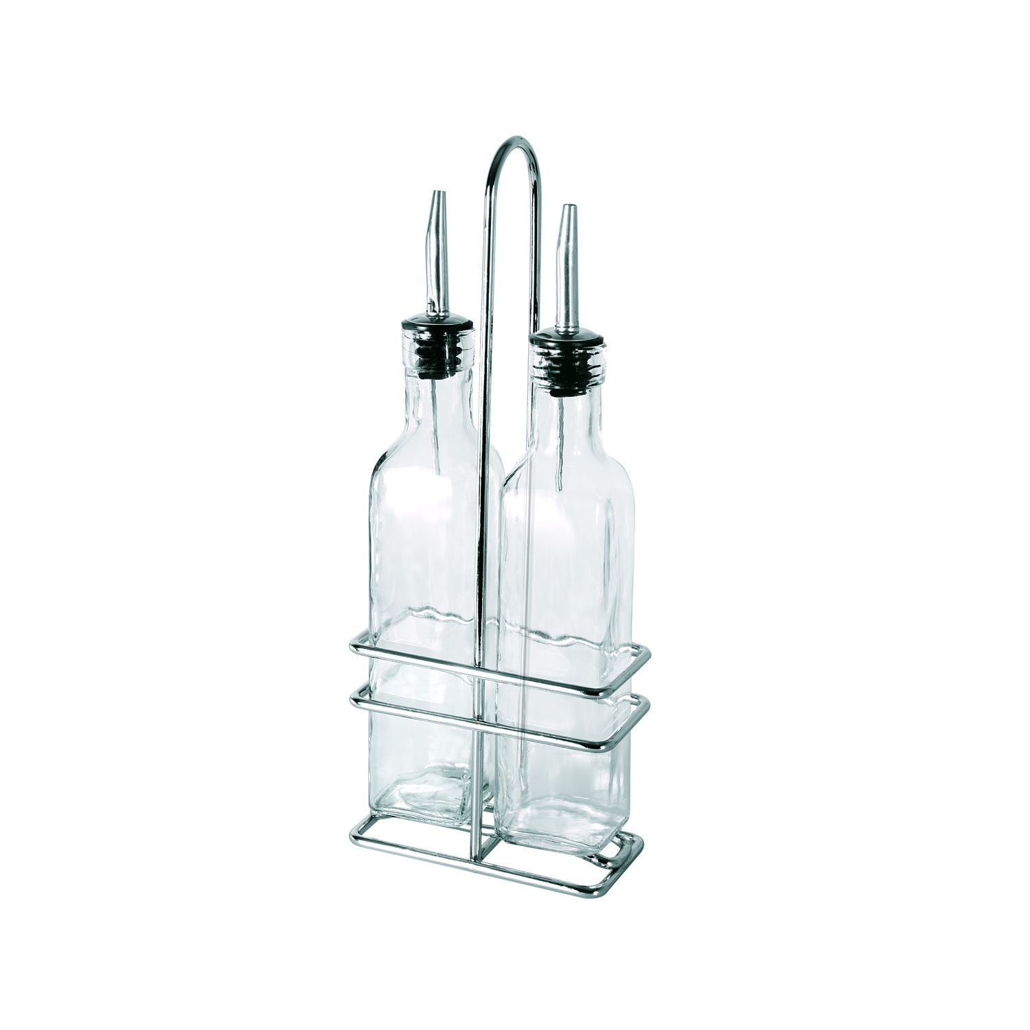 3-piece oil and vinegar cruet set with two 8oz glass bottles, stainless steel pourers, and a chrome rack; ideal for restaurant or home use; organized, clean tabletop display; packed 12 sets per case
