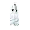 3-piece oil and vinegar cruet set with two 8oz glass bottles, stainless steel pourers, and a chrome rack; ideal for restaurant or home use; organized, clean tabletop display; packed 12 sets per case