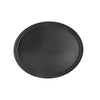 Black oval fiberglass tray 27x22 inches, with textured non-slip surface, lightweight and stain-resistant, ideal for professional foodservice in restaurants, hotels, and catering operations.