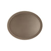 Brown oval fiberglass tray 27x22 inches, designed for commercial foodservice. Lightweight, durable, stain-resistant, with a non-slip textured surface for safe handling in high-volume settings.