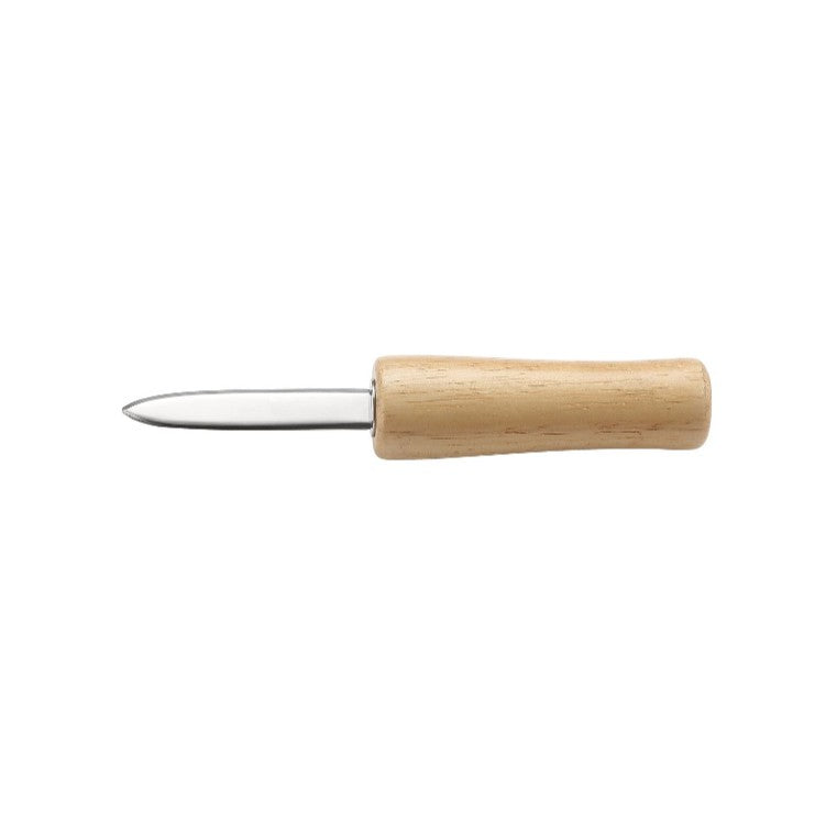 2-7/8 inch oyster clam knife with pointed tip, sharp rust-resistant blade, ergonomic wood handle for secure grip; packed 72 each per case for professional seafood shucking.