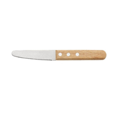 3-1/2 inch oyster clam knife with round tip, rust-resistant blade, ergonomic wood handle for secure grip; packed 72 each per case for commercial seafood shucking and prep.