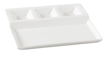 EcoQuality 4-Compartment Plate PS-2010 is an elegant and practical addition to any tableware collection, designed specifically for serving dips, sauces, and desserts. With a sleek, round shape and four compartments, this porcelain dish is perfect for organizing and presenting a variety of items. The stylish design from the Piscataway collection ensures that this dish complements any restaurant, catered event, outdoor dining space, or hotel setting. 