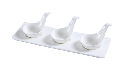 Yanco Three Spoon With Tray PS-721 12/Pcs is a refined and practical addition to your tableware collection, designed for serving small portions of herbs, spices, dips, and sauces. This set includes three 2-ounce porcelain spoons, each 2 inches long, placed neatly on a 10.5x3.5-inch tray. The high-quality porcelain features a smooth glaze finish, enhancing the elegance of your table setting. 