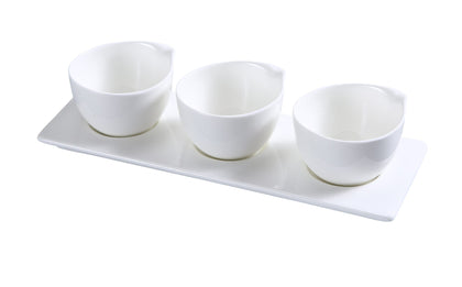 Yanco Three Cup With Tray PS-722 12/Pcs is a refined and versatile addition to your tableware collection, designed for serving small portions of herbs, spices, dips, and sauces. This set includes three 4-ounce porcelain cups, each 3 inches in diameter, placed on a 10.5x3.5-inch tray. Crafted from high-quality porcelain with an elegant glaze finish, this set brings sophistication to your dining presentation. 