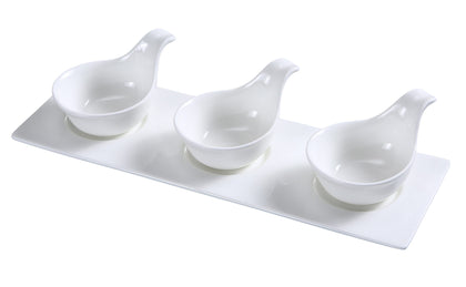 Yanco Three Spoon With Tray PS-723 12/Pcs is a refined and practical addition to your tableware collection, designed for serving small portions of herbs, spices, dips, and sauces. This set includes three 2-ounce porcelain spoons, each 3.25 inches long, placed neatly on a 13.5x4.5-inch tray. The high-quality porcelain features a smooth glaze finish, enhancing the elegance of your table setting. 