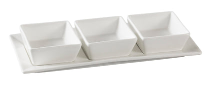 Yanco Three Square Bowl With Tray PS-724 12/Pcs is an elegant and practical choice for serving small portions of herbs, spices, dips, and sauces. This set includes three 3-ounce square porcelain bowls, each measuring 3 inches, placed on a sleek 11x4.25-inch tray. Made from high-quality porcelain with an elegant glaze finish, this set is perfect for fine-dining restaurants, catered events, outdoor dining, or hotels. Its stylish design and durability will enhance any dining experience.