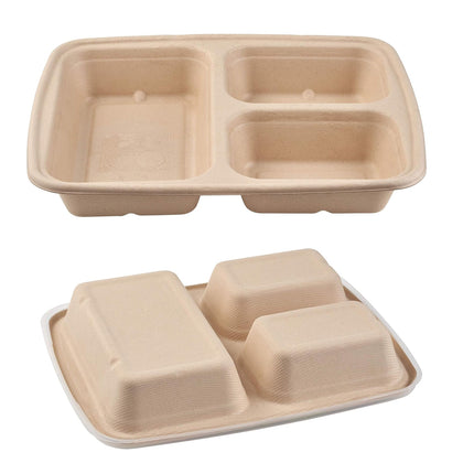 Compostable 36oz 3 Compartment Food Storage Container with Lids Sugarcane