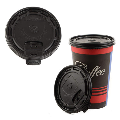 Disposable Travel Black and White Plastic Flat Lids for Paper Hot Cups (10oz, 12oz, 16oz, 20oz)