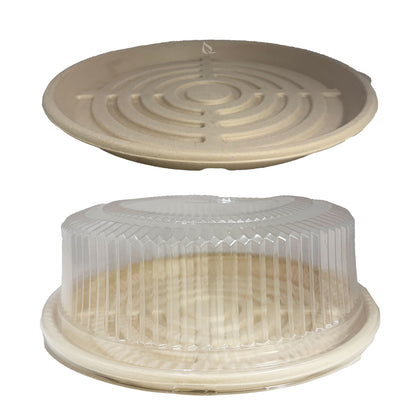 Round twelve inch sugarcane bagasse catering tray with clear plastic dome lid for food display