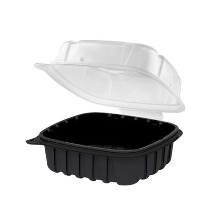 EcoQuality white foam clamshell take out boxes open and stacked