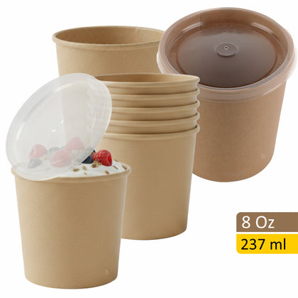 Disposable Kraft Paper Soup Containers with Plastic Lids - Kraft Paper Ice Cream Containers / Yogurt Cups with Plastic Lids (8oz, 12oz, 16oz)