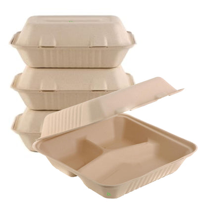 3 Compartment Compostable Hinged Clamshell Take Out Containers