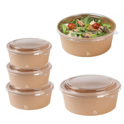 EcoQuality Kraft Paper Bowl with Clear Lid Disposable 16oz 150mm