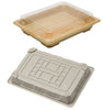 Rectangular bamboo look sushi container with clear plastic lid for takeout