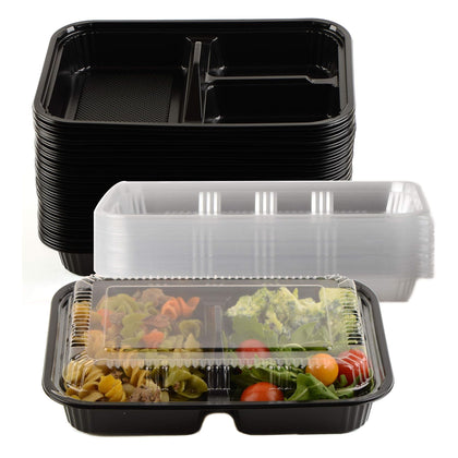 3 Compartment Disposable Container with Lids, Restaurant Take Out Bento Boxes, Meal Prep BPA Free