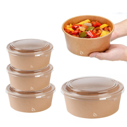 EcoQuality Kraft Paper Bowl with Clear Lid Disposable 32oz 150mm